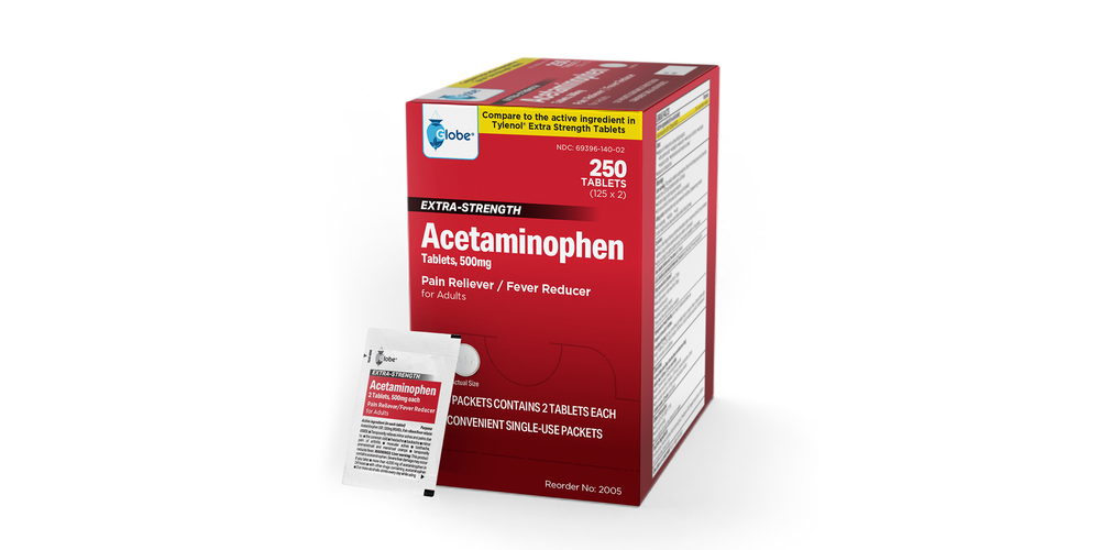 A red and white box of Globe Extra Strength Acetaminophen 500 mg, 50 packets of 2 tablets each (pain reliever/fever reducer for adults) is shown, with a single-dose packet labeled for arthritis and backache pain.