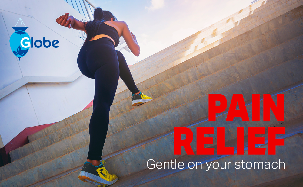 A woman in athletic wear runs up outdoor stairs. The Globe logo is on the left. Large red text reads PAIN RELIEF, with smaller text: Gentle on your stomach. Globe Extra Strength Acetaminophen 500mg—pain reliever for arthritis or backache, 50 packets.