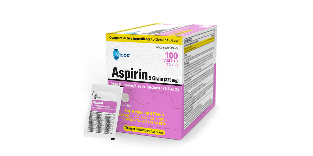 Globe Aspirin Tablets, 325 mg, come in a 100-count box of single-use packets. These NSAID pain relievers reduce fever and relieve headache, arthritis, and migraine pain. White and pink packaging with yellow highlights shown.