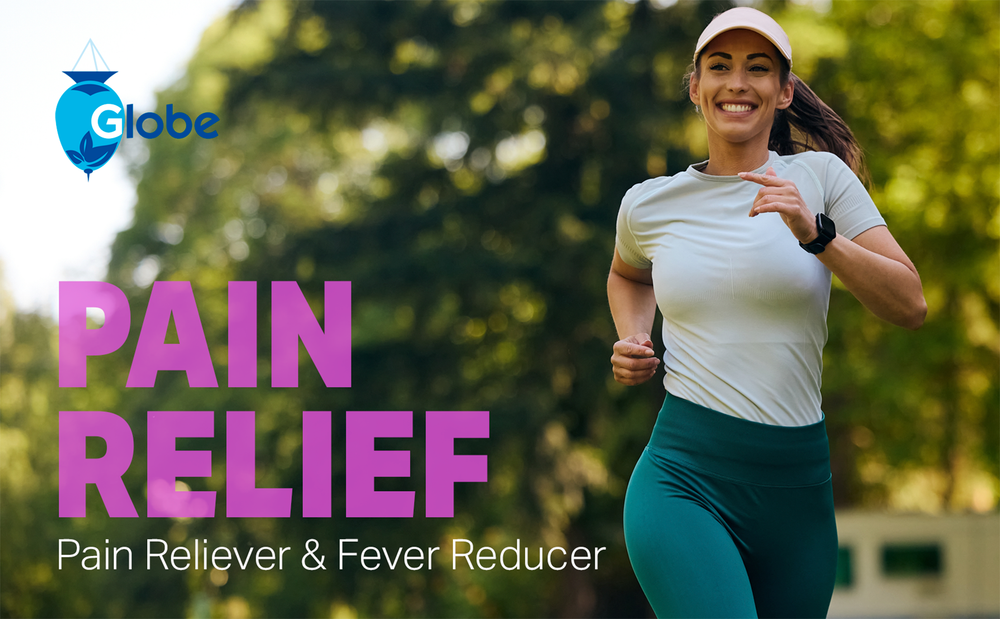 A smiling woman in athletic wear jogs in a park. Text reads: Globe Aspirin Tablets, 325 mg, 100 Count—pain reliever & fever reducer for headache, arthritis & migraine relief. The Globe logo appears in the top left corner.