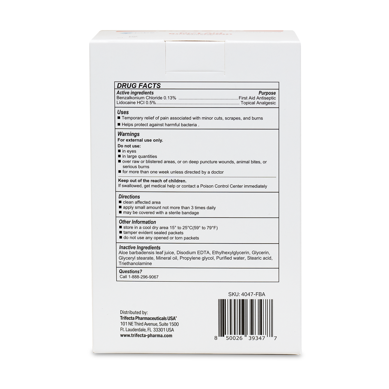 Back of a Globe First Aid Burn Cream 0.9g Packets (Box of 144) medication box showing the Drug Facts label in black text, detailing active ingredients, uses, warnings, directions, and manufacturer information. Ideal as a topical anesthetic and burn cream for temporary relief of minor burns, cuts, and scrapes. Barcode and Globe contact details are visible at the bottom.