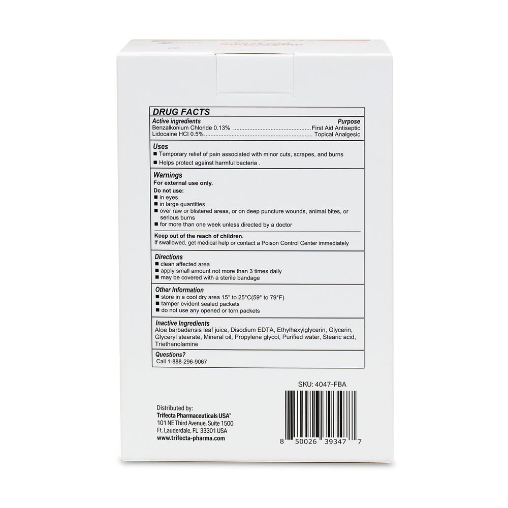 Back of a Globe First Aid Burn Cream 0.9g Packets (Box of 144) medication box showing the Drug Facts label in black text, detailing active ingredients, uses, warnings, directions, and manufacturer information. Ideal as a topical anesthetic and burn cream for temporary relief of minor burns, cuts, and scrapes. Barcode and Globe contact details are visible at the bottom.