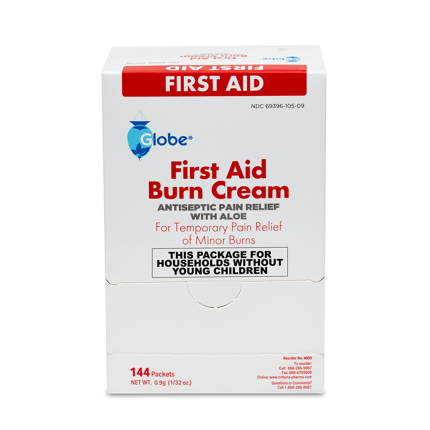 Box of Globe First Aid Burn Cream 0.9g packets (144-count), a first aid cream by Globe designed to offer temporary relief from minor burns, cuts, and scrapes. This topical anesthetic soothes and protects affected areas for effective first aid treatment. Warning: Not intended for households with young children.