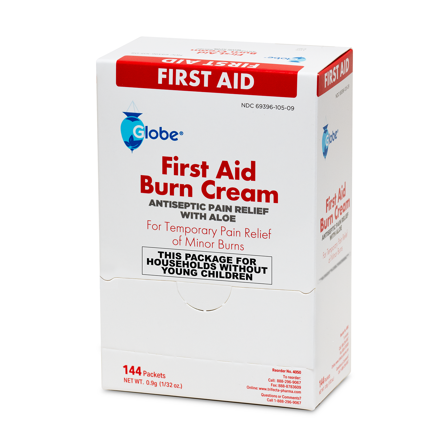 Box of Globe First Aid Burn Cream 0.9g Packets (Box of 144) by Globe, a first aid cream for temporary relief of minor burns, cuts, and scrapes. The mostly white box features red and blue text and carries a warning that it is not suitable for households with young children.
