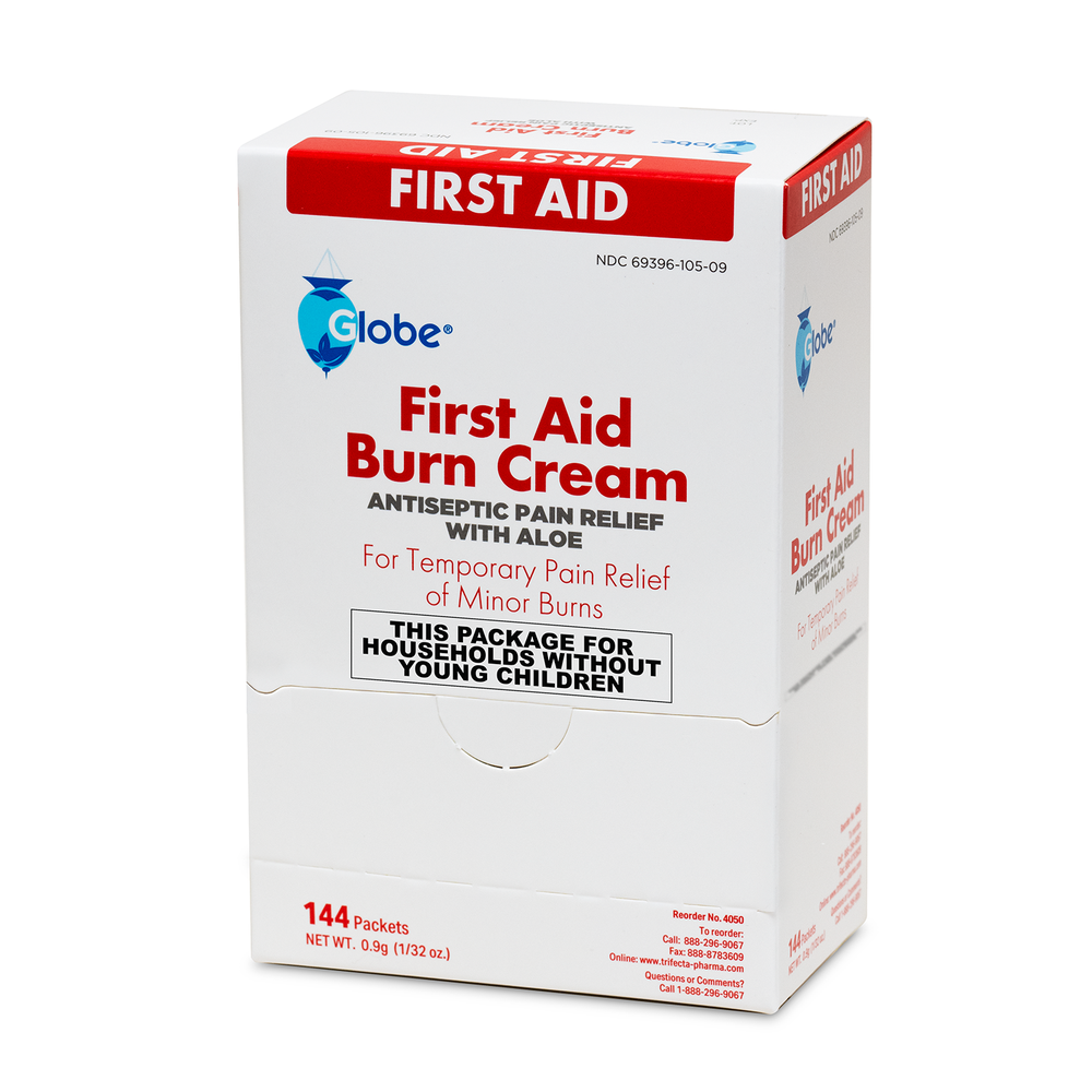 Box of Globe First Aid Burn Cream 0.9g Packets (Box of 144) by Globe, a first aid cream for temporary relief of minor burns, cuts, and scrapes. The mostly white box features red and blue text and carries a warning that it is not suitable for households with young children.