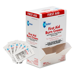 Open box of Globe First Aid Burn Cream 0.9g Packets (Box of 144), with several individual cream packets displayed in front. The box, branded “Globe,” is labeled as first aid cream for temporary relief of minor burns, cuts, and scrapes, and contains 144 topical anesthetic packets.