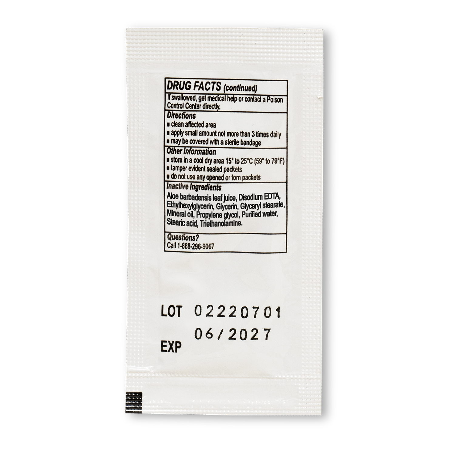 A white packet of Globe First Aid Burn Cream 0.9g, featuring black text with drug facts, directions, storage instructions, ingredient details, a contact phone number for questions, and the lot and expiration date (06/2027). This first aid cream by Globe is ideal for minor emergencies and provides temporary relief from minor burns, cuts, and scrapes. Box contains 144 single-use packets.