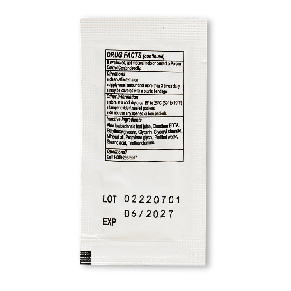 A white packet of Globe First Aid Burn Cream 0.9g, featuring black text with drug facts, directions, storage instructions, ingredient details, a contact phone number for questions, and the lot and expiration date (06/2027). This first aid cream by Globe is ideal for minor emergencies and provides temporary relief from minor burns, cuts, and scrapes. Box contains 144 single-use packets.