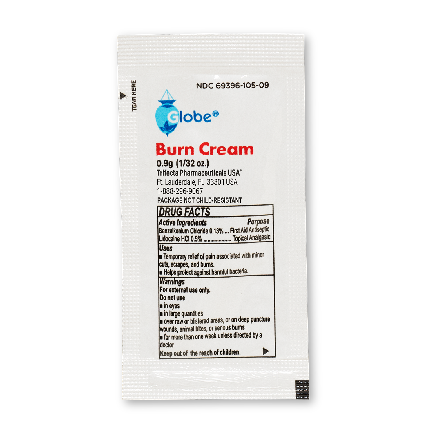 A white packet of Globe First Aid Burn Cream 0.9g, a topical first aid cream by Globe designed for temporary relief of minor burns, cuts, and scrapes, with drug facts, active ingredients, and directions printed on the front. The packaging indicates it is not child-resistant and includes manufacturer information.