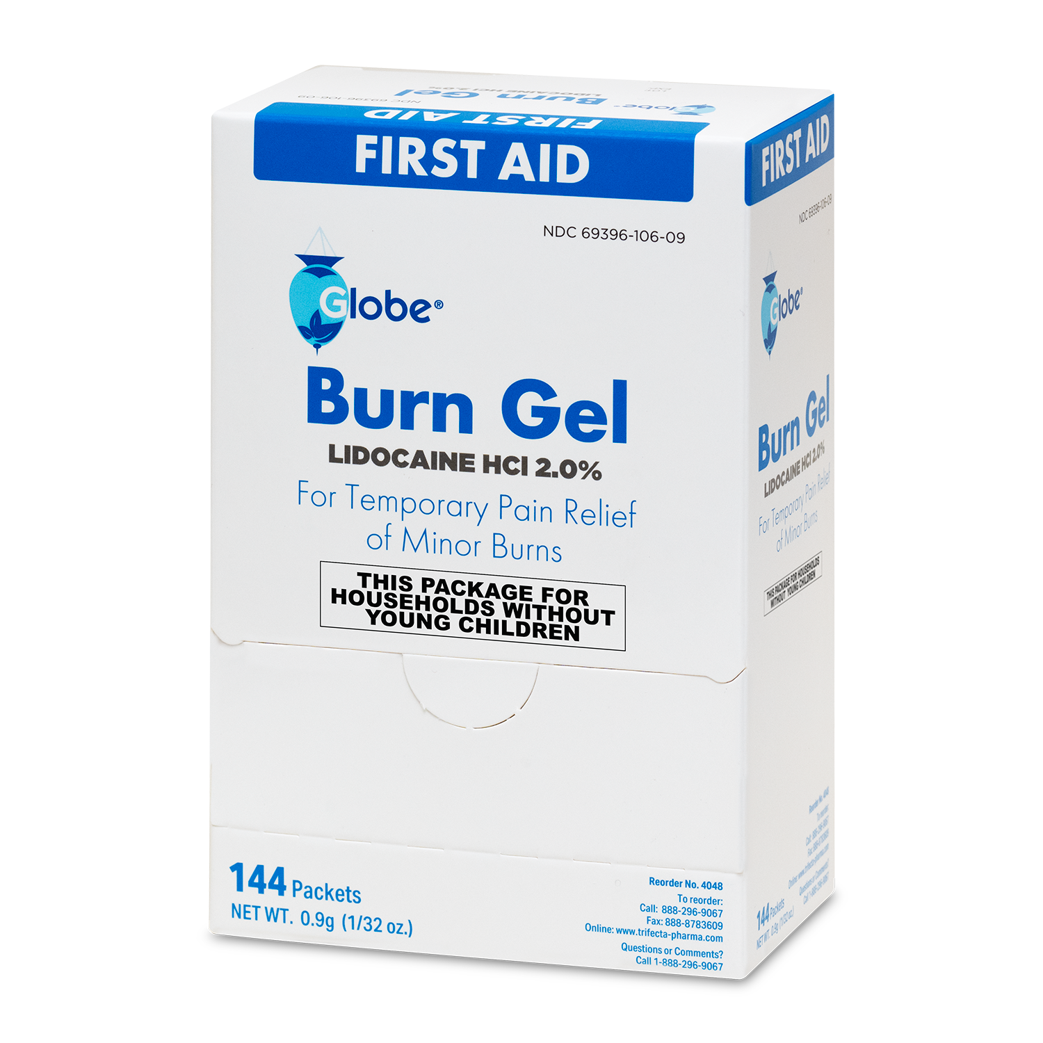 Globe First Aid Burn Gel with Aloe 0.9g Packets (Box of 144) by Globe is an advanced topical gel that provides temporary relief for minor burns, cuts, and scrapes. The label advises this product is for households without young children. Ideal for any first aid kit, each box contains 144 individual packets (net weight 0.9g per packet).