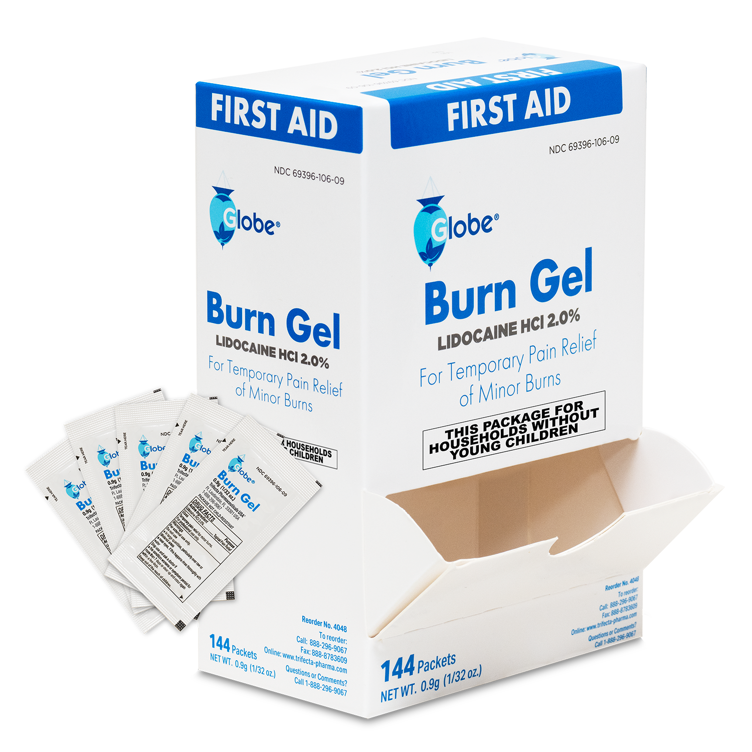 Box of Globe First Aid Burn Gel with Aloe, 0.9g packets (box of 144) from Globe, opened to display individual gel packets; four burn gel packets are laid out in front of the box—an ideal advanced first aid addition for temporary relief of minor burns, cuts, and scrapes.