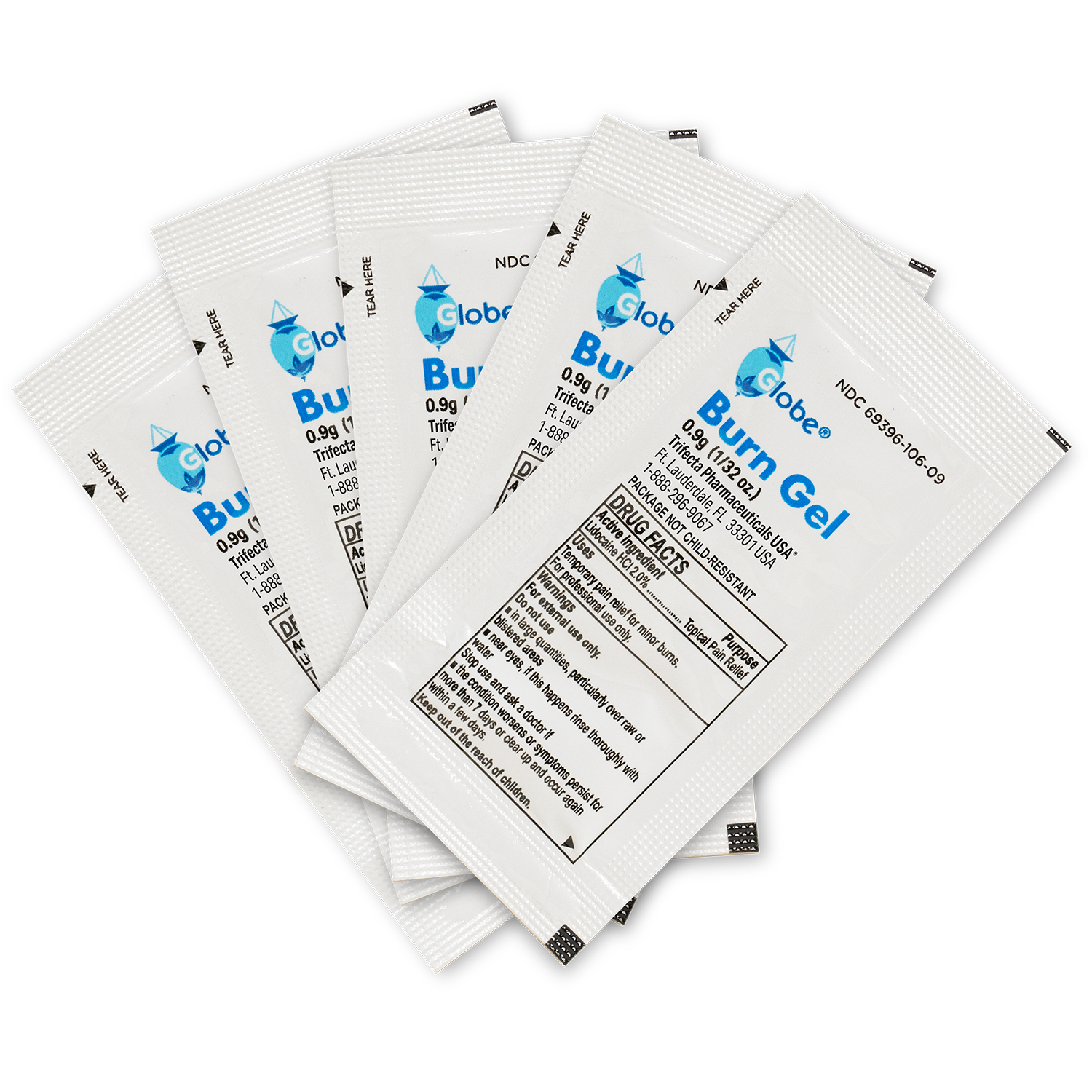 Five white packets of Globe First Aid Burn Gel with Aloe 0.9g are fanned out. Perfect for any first aid kit, the packets display the product name, dosage details, instructions, and Globe branding in blue and black text. This advanced first aid gel provides temporary relief from minor burns, cuts, and scrapes.