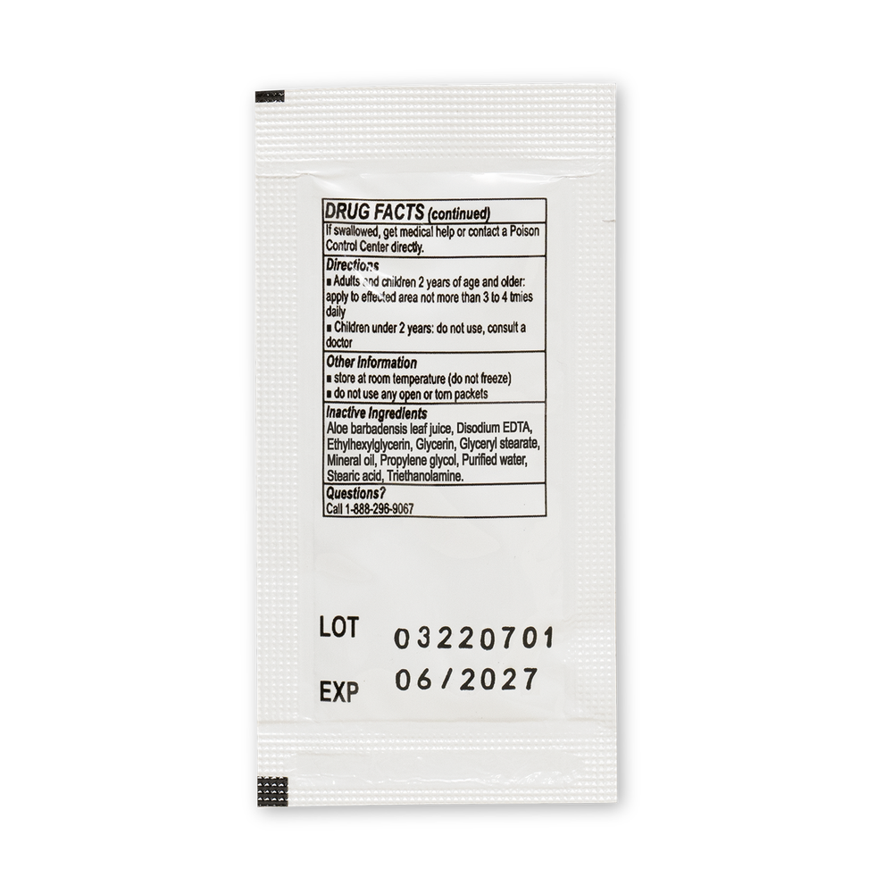 A small white packet of Globe First Aid Burn Gel with Aloe 0.9g, featuring drug facts, directions, ingredients, a contact number, lot number (03220701), and expiration date (06/2027) printed in black text on the back—commonly included in first aid kits for temporary relief of minor burns, cuts, and scrapes as an advanced topical anesthetic gel by Globe.