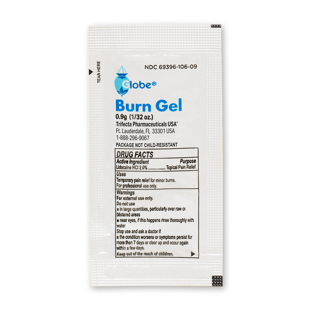 A white packet labeled Globe First Aid Burn Gel with Aloe 0.9g, displaying drug facts and usage instructions on the front, provides temporary relief from minor burns, cuts, and scrapes with lidocaine as the active ingredient. This advanced topical anesthetic burn gel by Globe is an essential addition to any first aid kit and comes in a box of 144 packets.