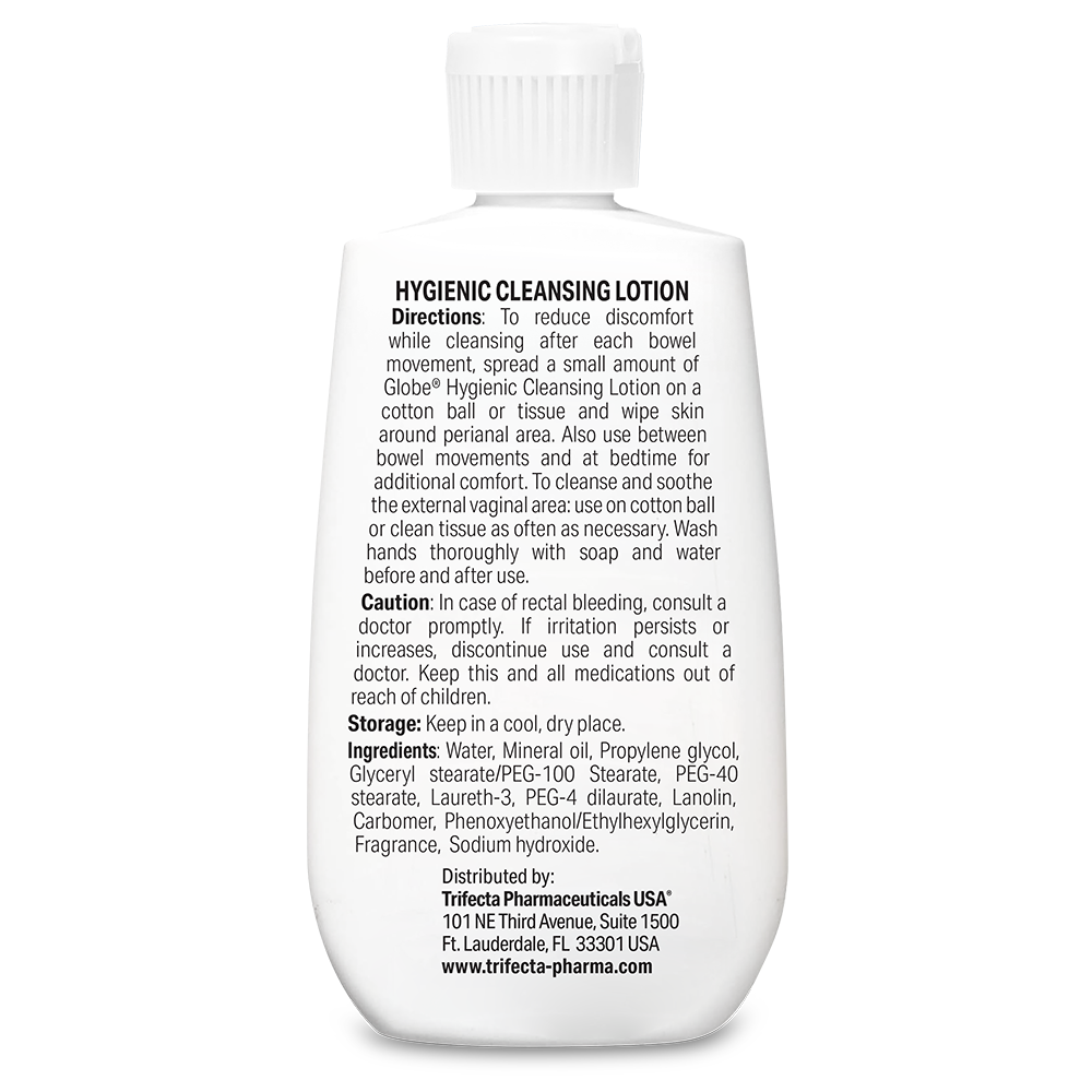 Back label of TriSelfcare Globe Hygienic Cleansing Lotion for Men and Women, 3oz—compare to Balneol—includes directions and cautions for perianal/vaginal use, storage guidance, soothing relief info, ingredients list, and manufacturer details in black text.