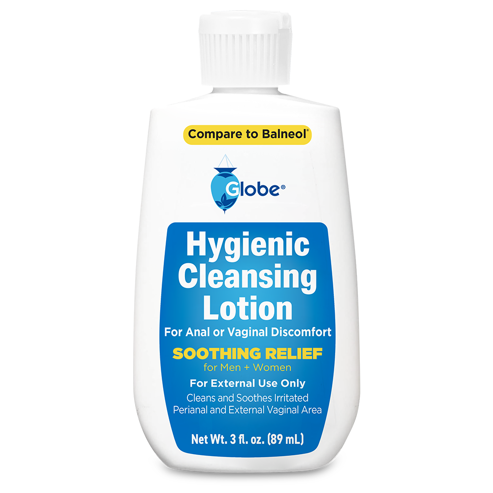 A 3oz white plastic bottle of TriSelfcare Globe Hygienic Cleansing Lotion for Men and Women, gentle personal care cleanser for sensitive areas; compare to Balneol, offers pain and itch relief.