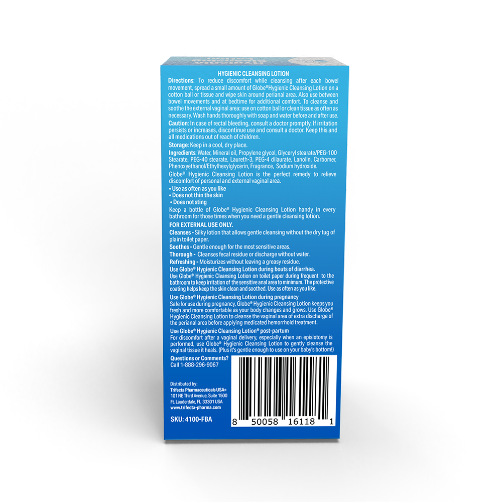 Back of TriSelfcare’s Globe Hygienic Cleansing Lotion (3oz) box shows directions, ingredients, storage, uses, warnings, barcode, safety and contact info. Highlights soothing relief for sensitive skin and gentle perianal or vaginal cleansing.