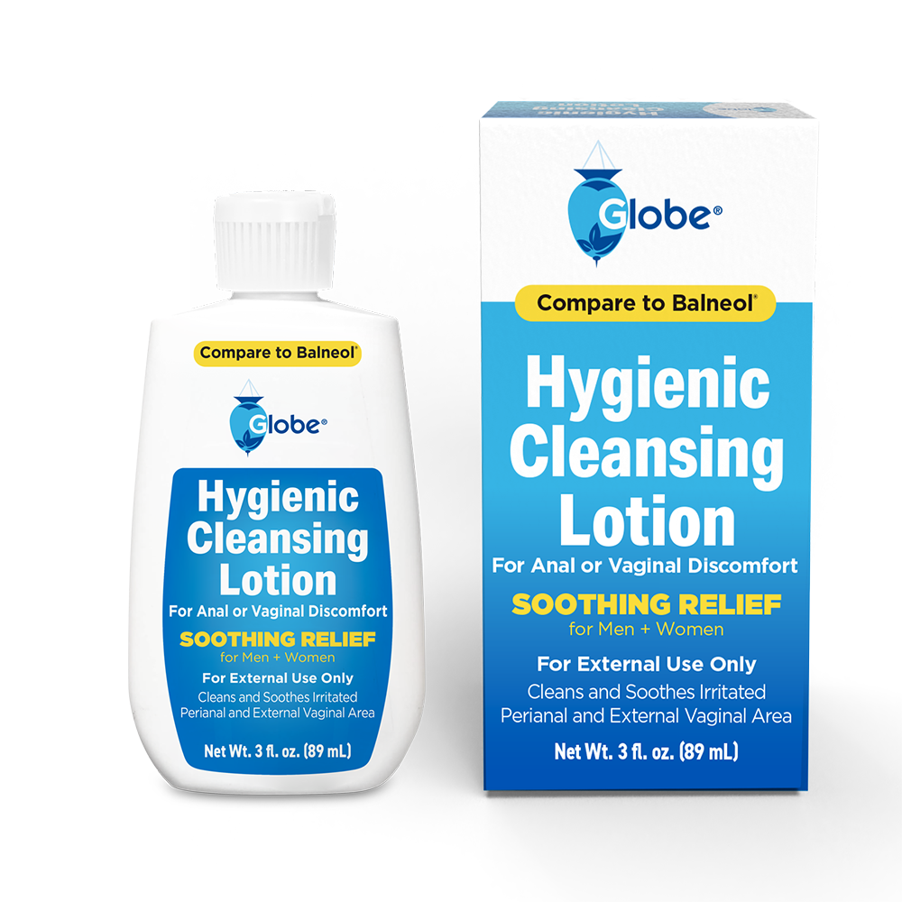 A 3oz white bottle of TriSelfcare Globe Hygienic Cleansing Lotion for Men and Women—compare to Balneol—provides gentle cleansing and pain/itch relief for sensitive areas, ideal for external perianal and vaginal care.