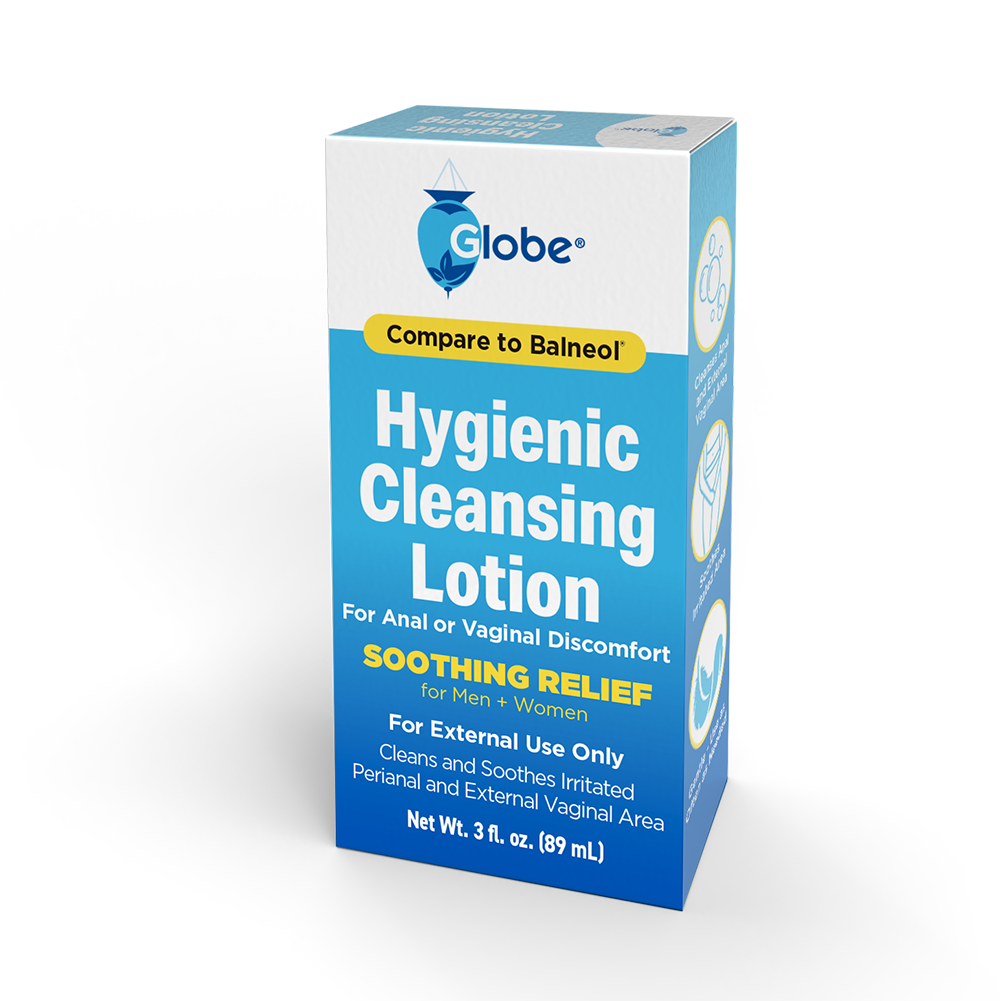TriSelfcare Globe Hygienic Cleansing Lotion for Men and Women, 3oz bottle, gently cleanses and soothes irritated, sensitive perianal and vaginal skin. Compare to Balneol; ideal for external use to relieve pain and itch in delicate areas.