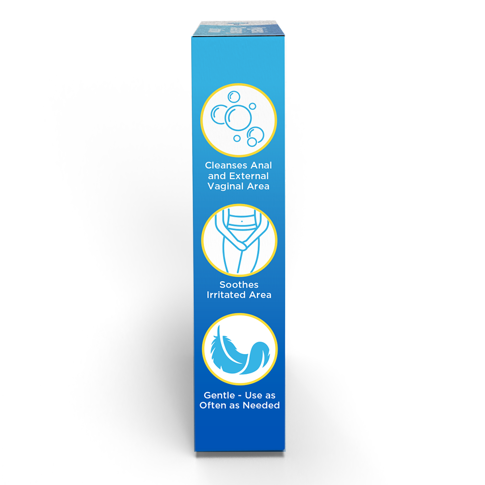 The blue TriSelfcare Globe Hygienic Cleansing Lotion box shows icons: bubbles with “Cleanses Anal and External Vaginal Area,” underwear with “Soothes Irritated Area,” and a feather with “Gentle”—perfect for sensitive cleansing.
