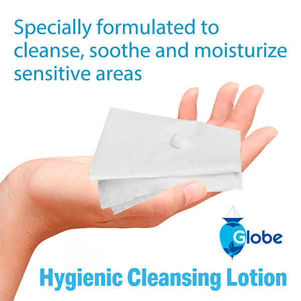 A hand holds folded tissue with lotion. Blue text reads, “For gentle cleansing and relief of sensitive areas.” Below are the TriSelfcare logo and “Globe Hygienic Cleansing Lotion for Men and Women, 3oz.”.