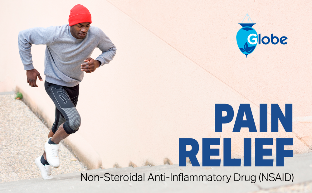 A man in athletic clothing runs up stairs, looking focused. Text reads Globe Ibuprofen Tablets, 200 mg—Pain Reliever and Fever Reducer for headache, muscular aches, arthritis, backache—50 packets of 2 tablets each (NSAID), on a light background.
