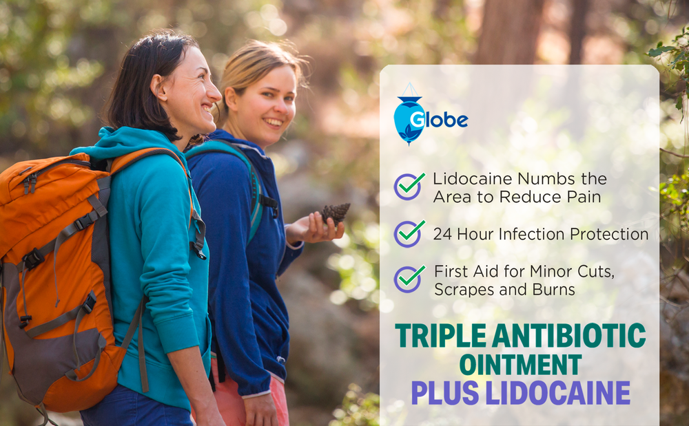 Two women with backpacks hike in a sunlit forest. An overlay promotes Globe First Aid Antibiotic Ointment + Lidocaine, noting fast numbing, maximum pain relief, and infection protection for first aid from Globe.