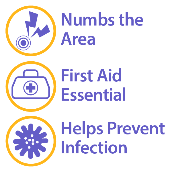 Three purple icons with yellow borders: a lightning bolt for “Numbs Skin Fast,” a first aid kit for “First Aid Essential,” and a germ for “Infection Protection.” Globe First Aid Antibiotic Ointment + Lidocaine offers maximum pain relief & Bacitracin Zinc.