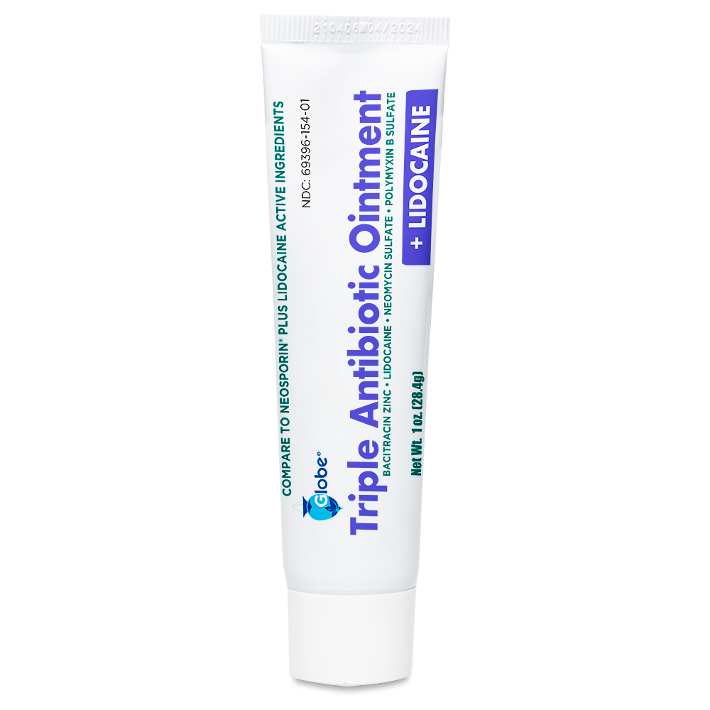 A white tube of Globe First Aid Antibiotic Ointment + Lidocaine 1 Oz stands upright, highlighting its maximum strength pain relief and infection protection for first aid wounds with fast skin numbing from Bacitracin Zinc.