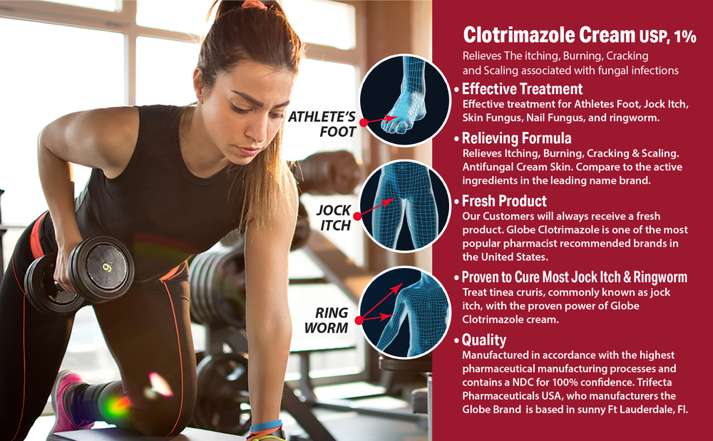 A woman lifts a barbell indoors. On the right, Globe Clotrimazole Antifungal Cream 1% (4 oz) is shown relieving itching, burning, and fungus for athlete’s foot, jock itch, and ringworm—compare to Lotrimin active ingredient.