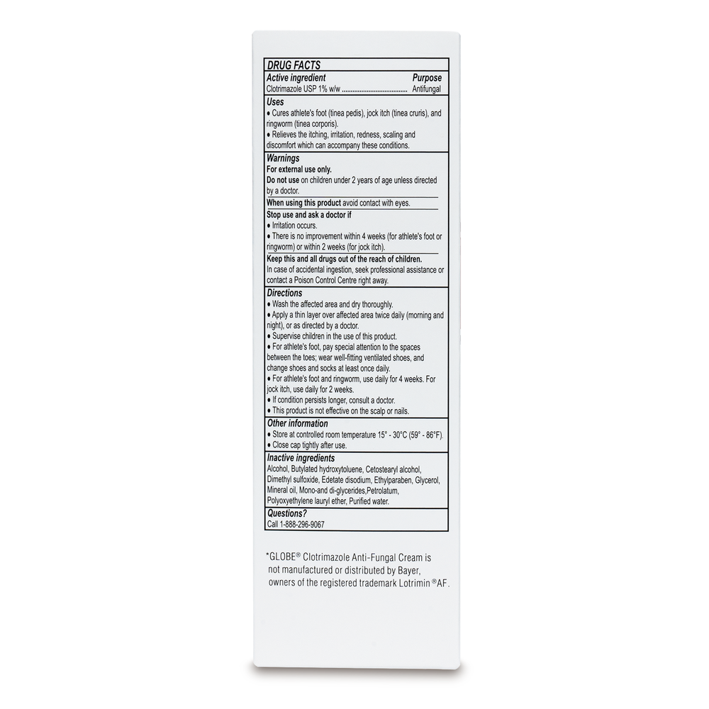 The image displays the back of a Globe Clotrimazole Antifungal Cream 1% (4 oz) box, printed in black on white, with drug facts, directions, warnings, and ingredients for this jock itch treatment. Compare to Lotrimin.