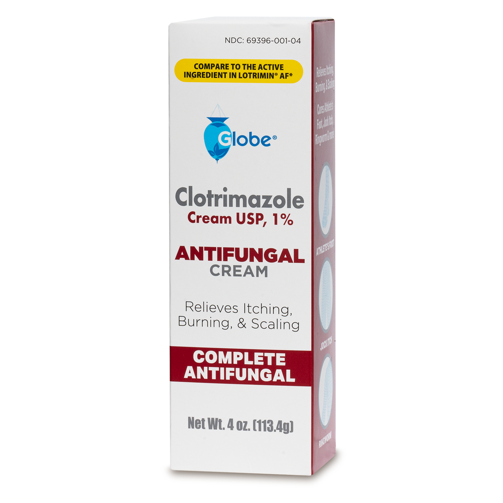 Globe Clotrimazole Antifungal Cream 1% (4 oz tube) relieves itching, burning, and fungus. Compare to Lotrimin. From Globe brand.