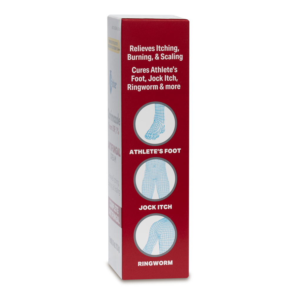 The Globe Clotrimazole Antifungal Cream 1% (4 oz) box, with a red and white design, states it relieves itching, burning, fungus and treats athlete’s foot, jock itch, and ringworm; illustrated with feet, groin, and torso.