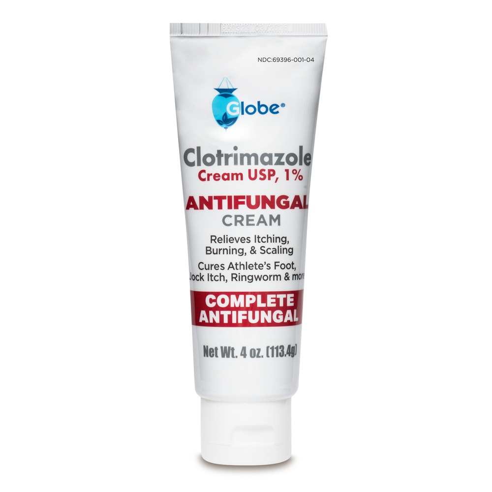 Globe Clotrimazole Antifungal Cream 1% (4 oz Tube) quickly relieves itching, burning, and fungus from jock itch, athlete's foot, ringworm, and more. Compare to Lotrimin active ingredient.