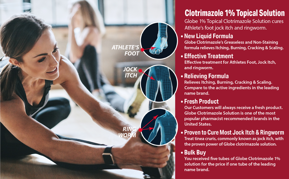 A woman stretches on a gym floor as text highlights Globe Clotrimazole Solution for Athlete’s Foot, Jock Itch, Ringworm (10ml). Circular images show irritated skin on a foot, groin, and arm. Brand: Globe.