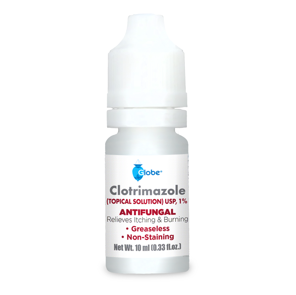 Globe Clotrimazole Solution for Athlete’s Foot, Jock Itch, and Ringworm comes in a 10ml bottle. This antifungal relieves itching and burning with a greaseless, non-staining formula that's ideal for athlete’s foot or jock itch treatment.
