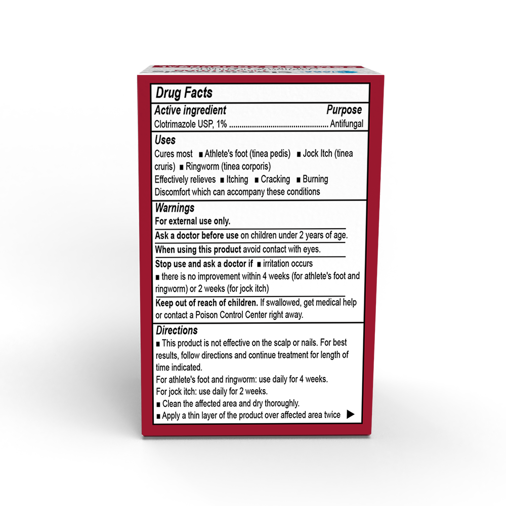 The back of the Globe Clotrimazole Solution for Athlete’s Foot, Jock Itch, Ringworm 10ml bottle box shows drug facts like uses, warnings, directions, and ingredients in black text on white. Brand: Globe.