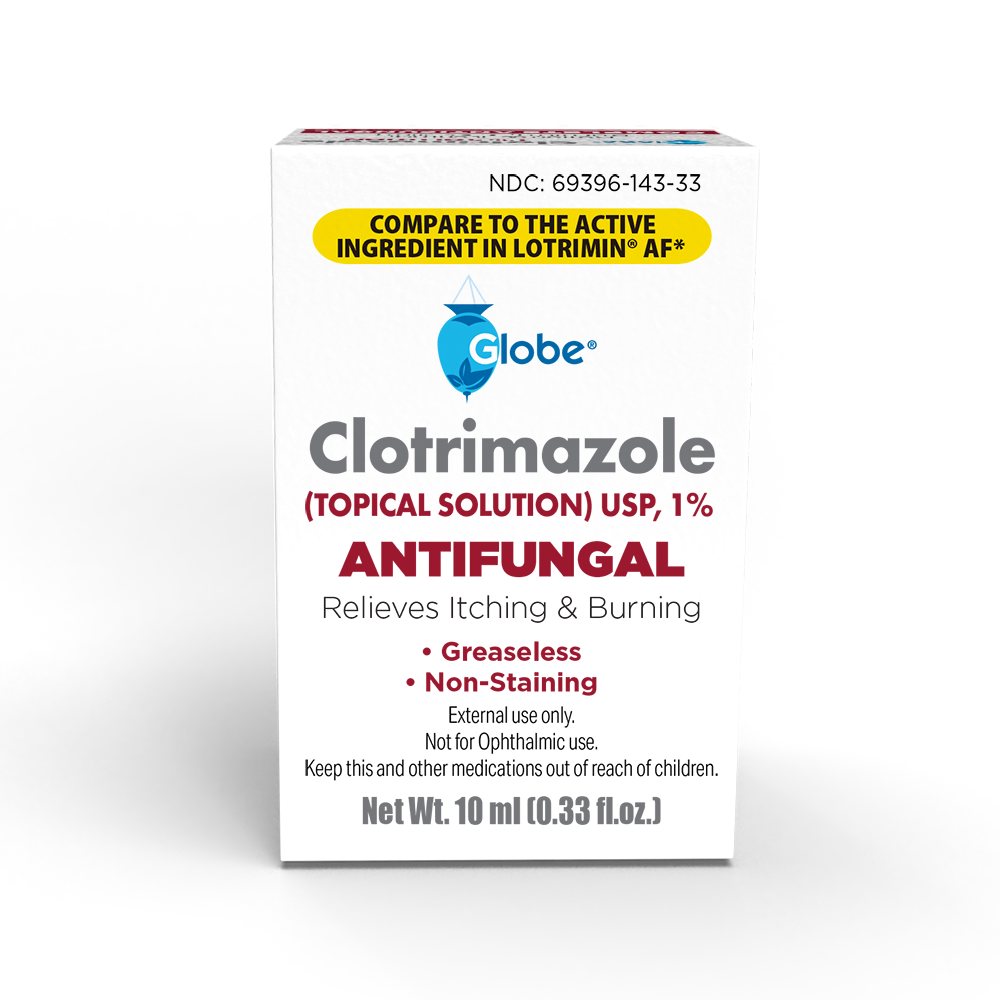 Front view of a white Globe Clotrimazole Solution for Athlete’s Foot, Jock Itch, Ringworm 10ml Btl box with red and yellow accents, labeled antifungal; the greaseless, non-staining formula is by Globe.