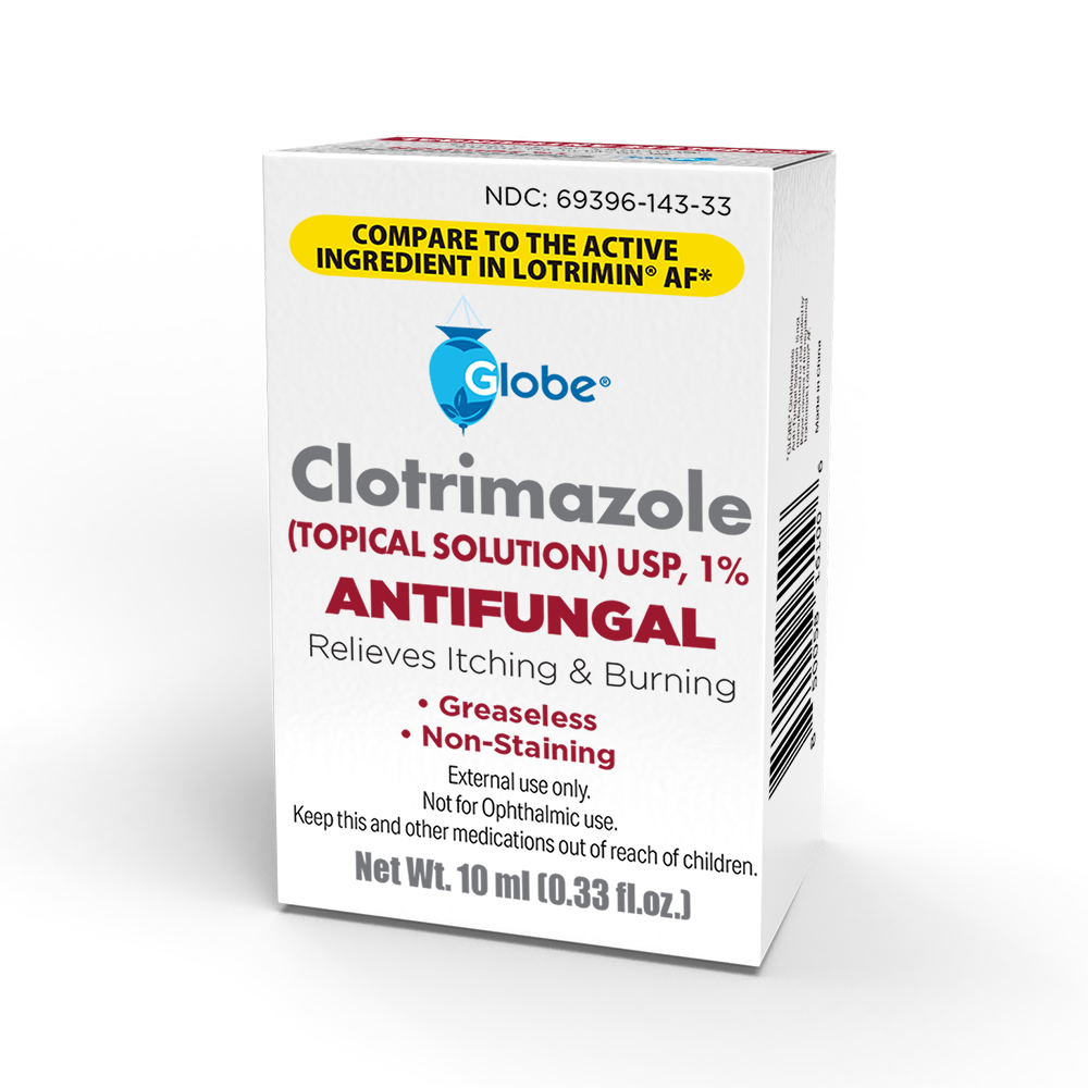 A white box of Globe Clotrimazole Solution for Athlete’s Foot, Jock Itch, and Ringworm (10ml) by Globe. This antifungal relieves itching and burning. Greaseless, non-staining, for external use only.