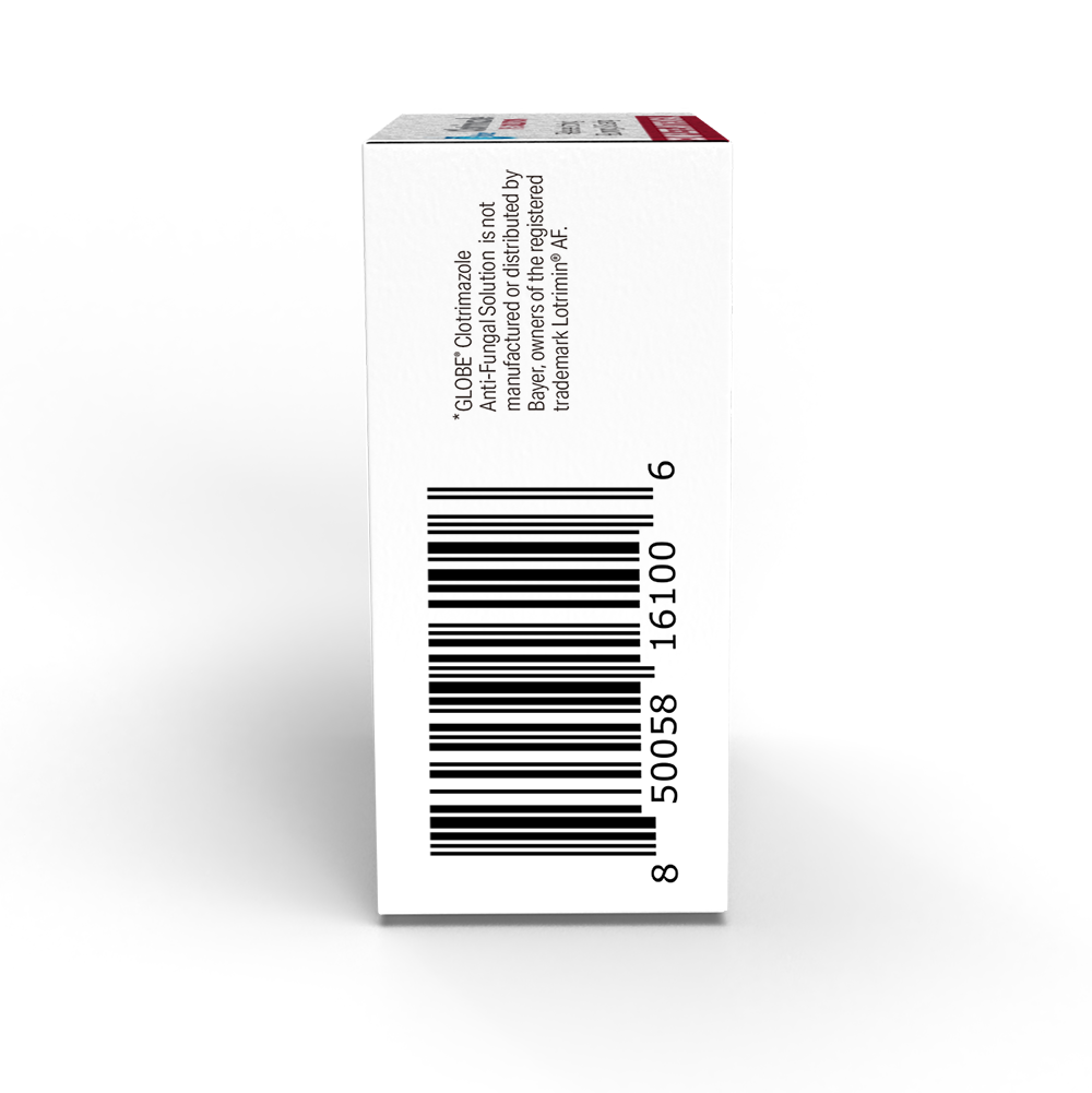 A side view of the white Globe Clotrimazole Solution for Athlete’s Foot, Jock Itch, Ringworm 10ml box with a vertical barcode, small printed text, and a trademark notice above. Packaging is against a plain white background.