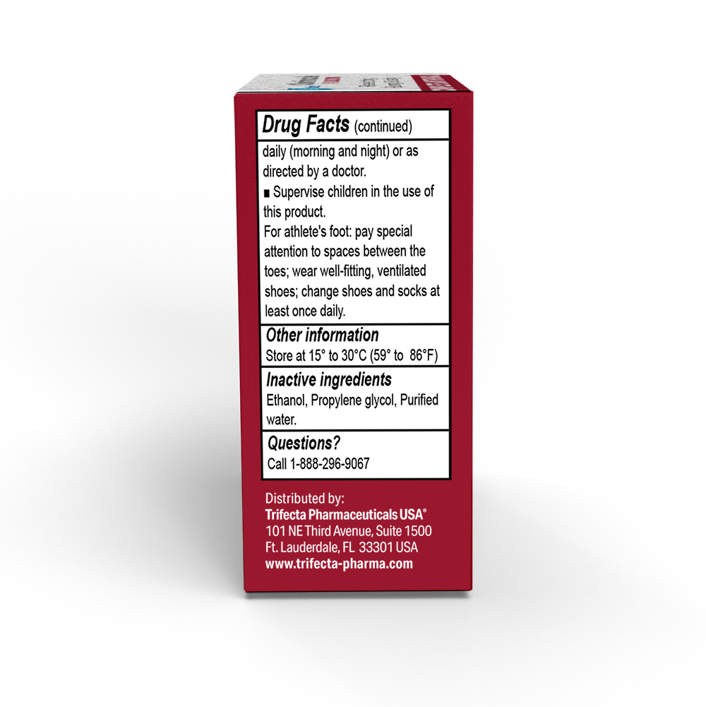 The back of the Globe Clotrimazole Solution 10ml box lists drug facts, usage and storage instructions, treatment info for athlete’s foot, inactive ingredients, contact info, and distributor details in black and white text.
