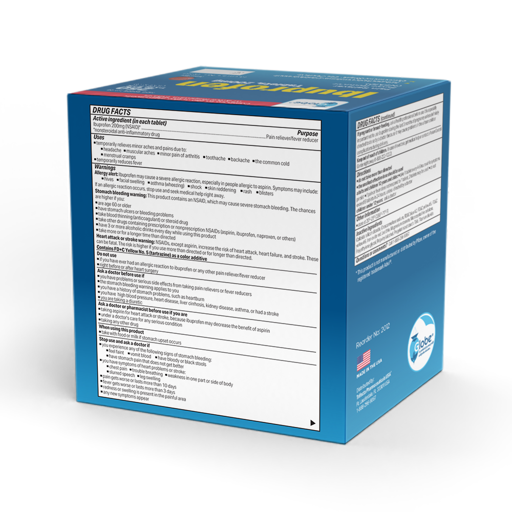 A blue box of Globe Ibuprofen Tablets 200mg, Pain Reliever and Fever Reducer, shows the Drug Facts label with NSAID ingredients, uses, and warnings. The box displays the Globe logo and a round seal on the lower side.