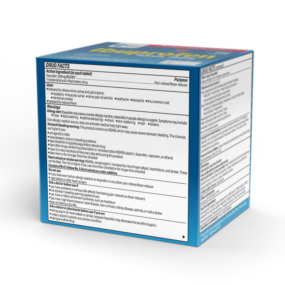 A blue and white Globe Ibuprofen Tablets box (200 mg) displays a Drug Facts label with black text in a table. It lists active ingredients, uses (pain, fever), warnings, and directions. Contains 50 packets of 2 tablets each for headache, arthritis, backache, and more.