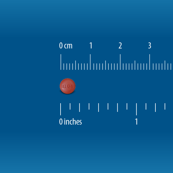 A small, round red tablet marked B 106, identified as Globe Ibuprofen Tablets 200mg (pain reliever/fever reducer), sits by a ruler displaying cm/inches on a blue background. The pill is approx. 0.8 cm in diameter.