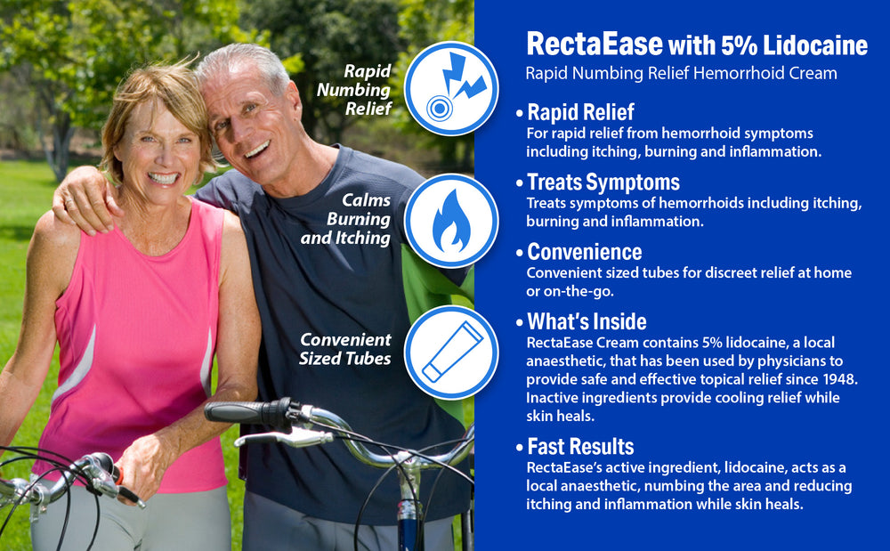 A smiling middle-aged couple stands outdoors with bikes, promoting RECTAEASE Lidocaine 5% Topical Anorectal Cream—fast relief and treatment for hemorrhoids and other anorectal disorders. Features quick action, symptom care, and easy use.