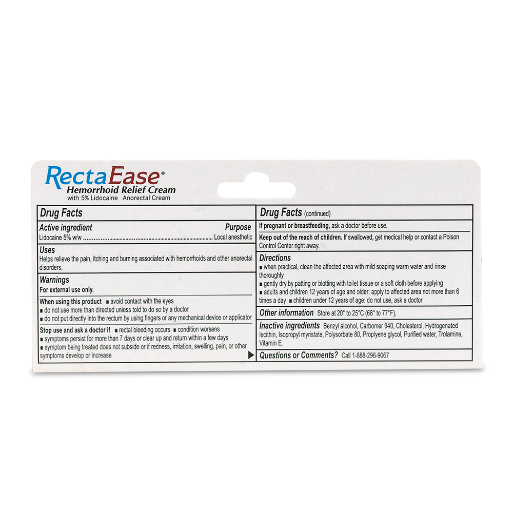 Back of RECTAEASE box showing drug facts, active ingredient, purpose, uses, warnings, directions & contact info. RectaEase Lidocaine 5% Topical Cream provides effective numbing relief for hemorrhoids & other anorectal disorders.