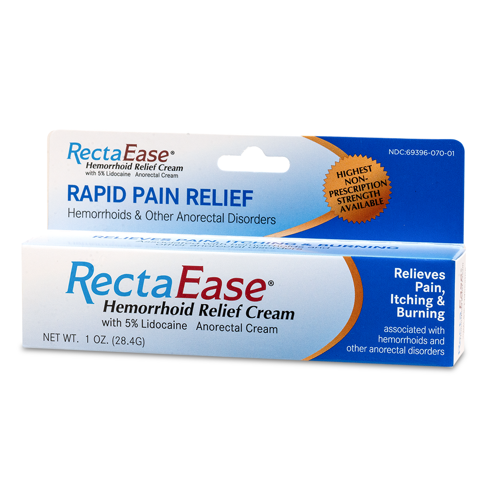 RECTAEASE Lidocaine 5% Topical Anorectal Numbing Cream for Hemorrhoids comes in blue and white packaging, highlights rapid pain relief, and features an orange badge noting “Highest Non-Prescription Strength Available.”.