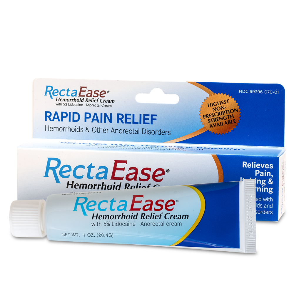 A box and tube of RECTAEASE | Lidocaine 5% Topical Anorectal Numbing Cream for Hemorrhoids & Other Anorectal Disorders, with bold “Rapid Pain Relief” text and packaging highlighting non-prescription strength.