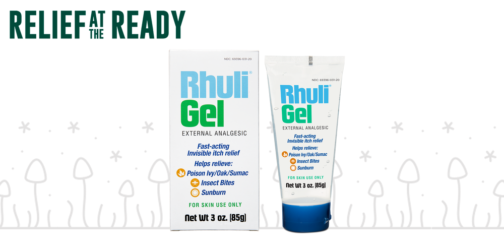 A box and 3 oz tube of Rhuli Anti-Itch Gel are displayed side by side. Text reads “Relief at the ready.” Background features plant and mushroom illustrations, highlighting this topical analgesic’s cooling itch relief for sunburns, bug bites, and more.