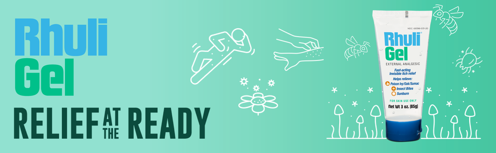 Banner with Rhuli Gel and "Relief at the Ready" text, showing a 3 oz tube of Rhuli Anti-Itch Gel, swimmer art, hands applying the gel, bees, plants, and soothing icons on a light green background; for fast itch relief.